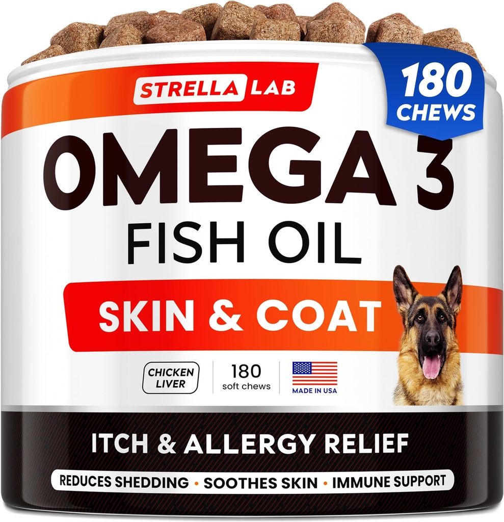 StrellaLab Fish Oil Omega 3 Treatings for Dogs (180 Treats) - Allergi & Itch Relief - Hud & Coat Supplement - Fælles sundhed - Wild Alaska Lakseolie - Smedning, Itchy Skin Relief - Omega 3 6 9 - EPA & DHA