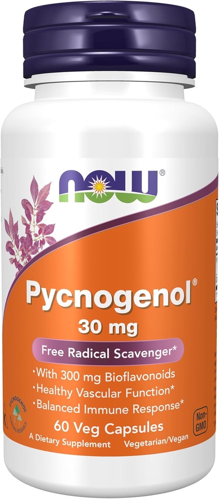 Now Foods Supplements, Pycnogenol 30 mg (en unik kombination af Proanthocyanidin fra Fransk Maritime Pine) med 300 mg Bioflavonoider, 60 Veg kapsler