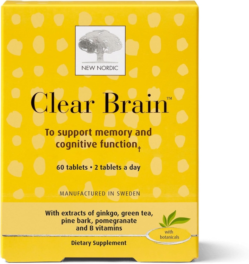 New Nordic Clear Brain Tablets, Supports Normal Cognitive Health and Memory, with Green Tea and Walnut, Swedish Made, 60 Count (Pack of 1)