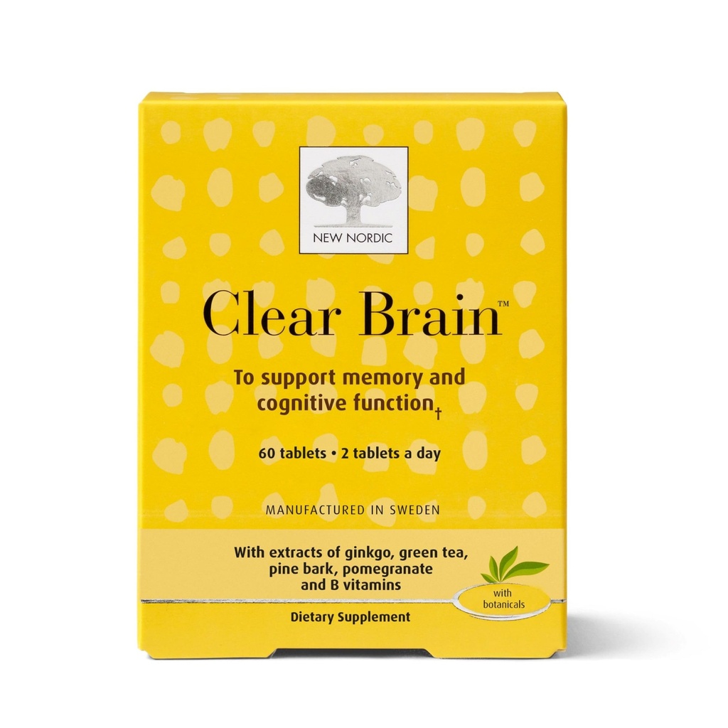 Nye Nordic Clear Brain Tablets, understøtter normal kognitiv sundhed og hukommelse, med grøn te og valnød, Svensk Made, 60 Greve (pakke med 1)