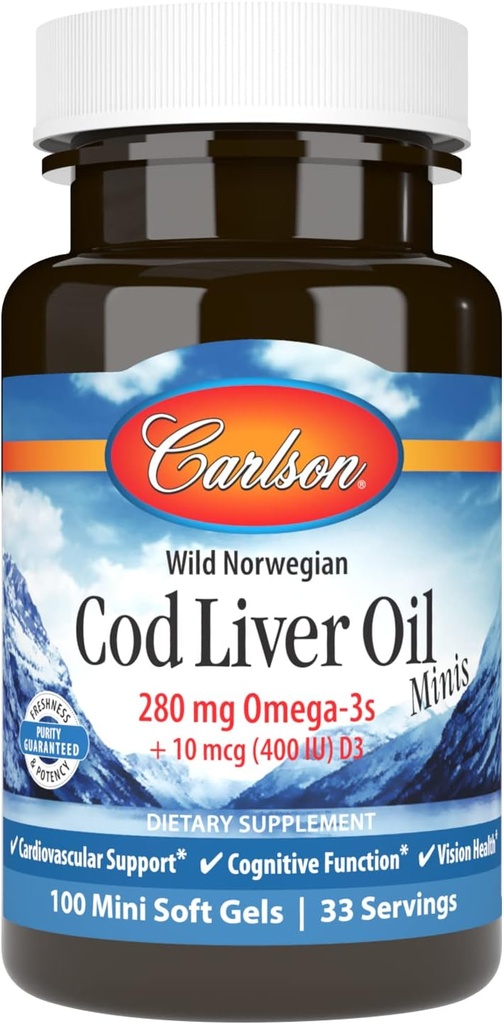 Carlson - Cod Lever Oil Minis, 280 mg Omega- 3s + Vitamin A og D3, Norwegian, Wild Caught, Sustainable Sourced, 100 Mini Softgels