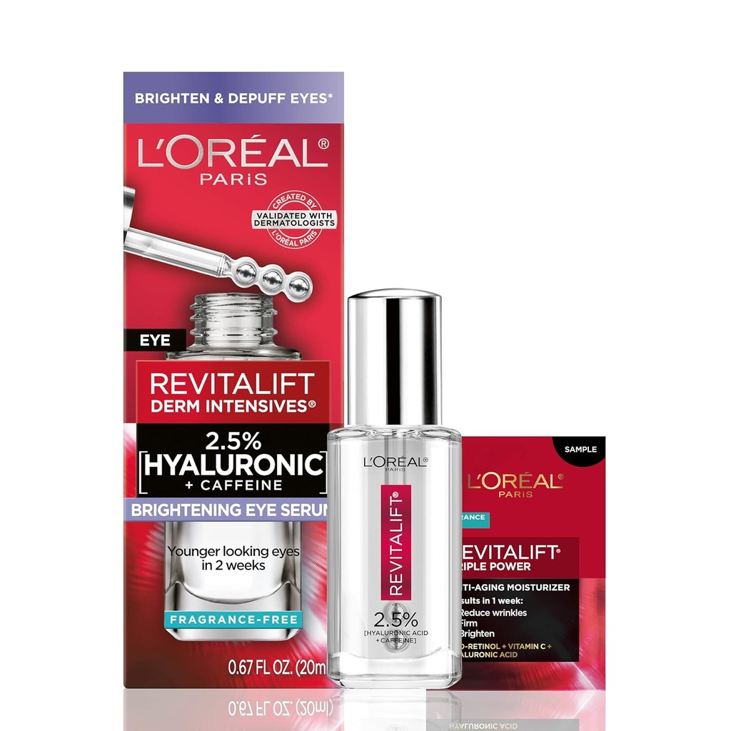 L 'Oreal Paris Revitalift Hyaluronsyre + koffein Hydrating Eye Serum for Dark Circles, Fragrance Free .67 fl. oz + Fugt prøve