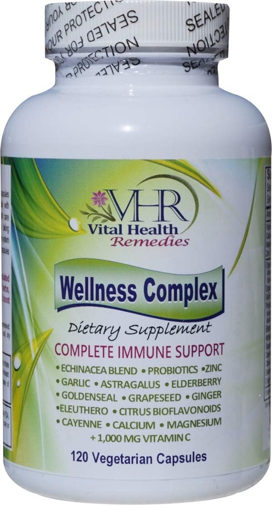 VHR Wellness Complex immun Boosting Formel med Echinacea, Goldenseal, Hvidløg, Probiotika, Elderberry, Astragalus, Grapefrugter, Cayenne, Bioflavonoider, Eleuthero, Ingefær, VIT. C, Zink. 120 Veg caps
