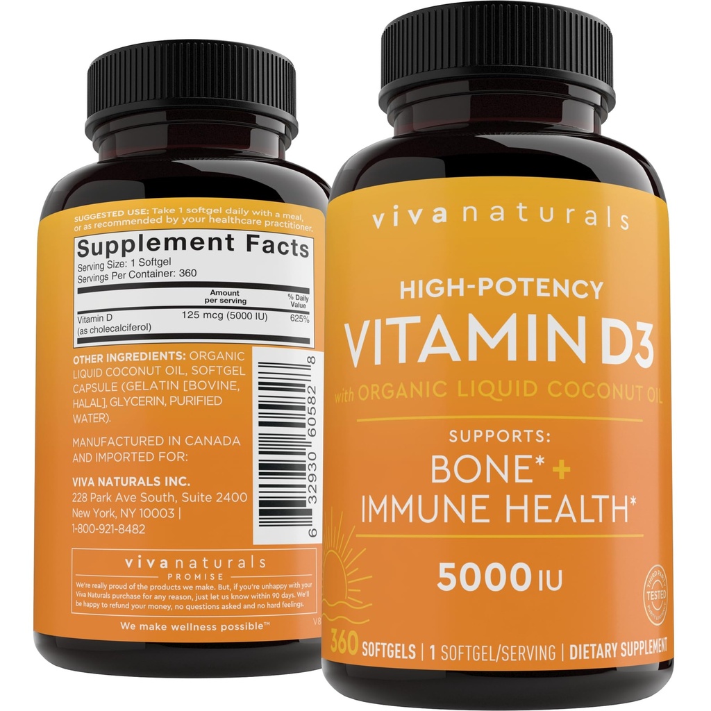 Viva Naturals D3 5000 IE Softgels, 360 greve (125 mcg), Understøtter ben & immunforsvar, høj potens D-vitamin