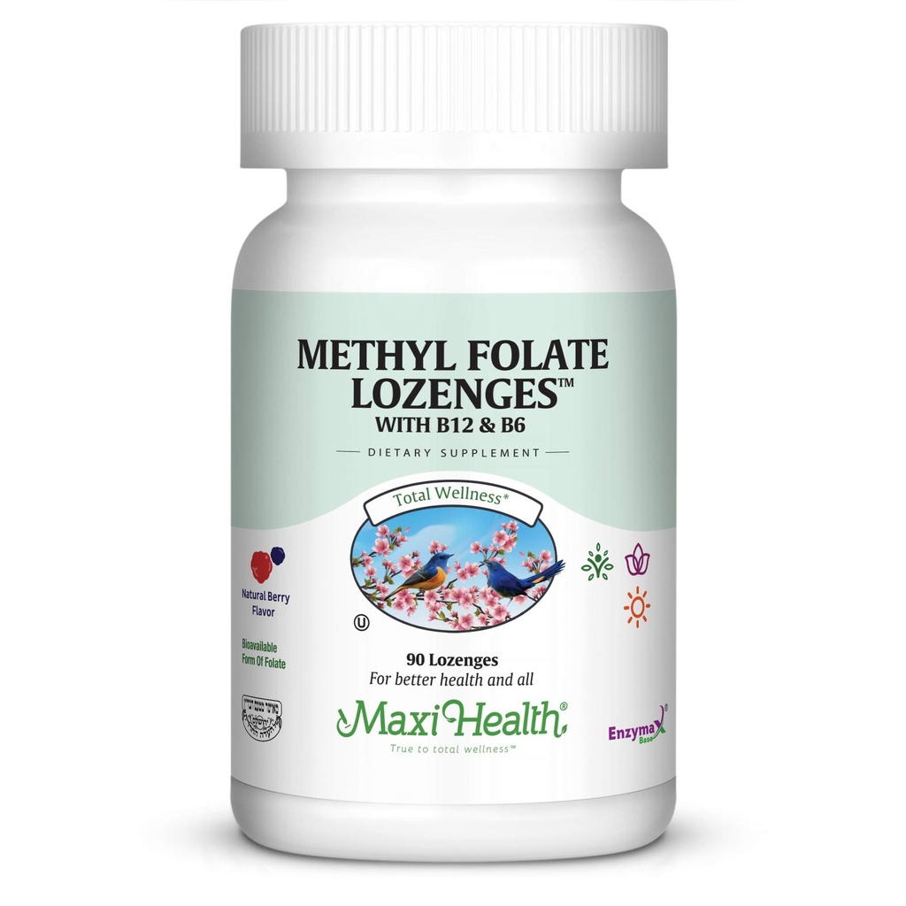 Maxi Health Methyl Folate Lozenges med B12 & B6, Formlet hukommelse, Kardiovaskulær Health Hormone & immunsupport Gluten Free, Kosher Berry, 90 Greve