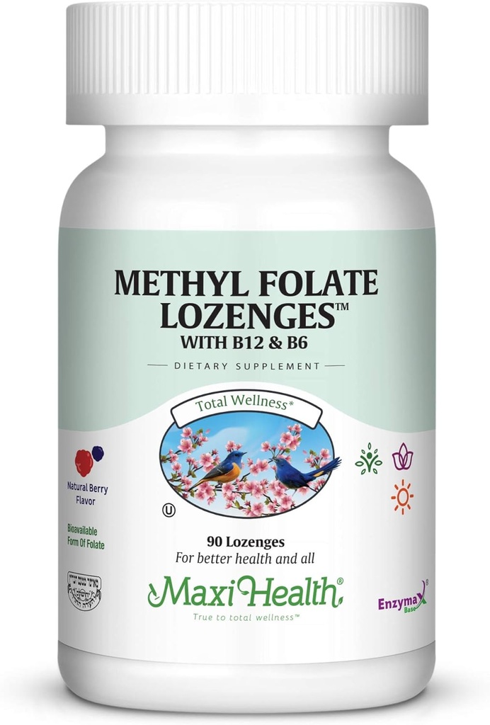 Maxi Health Methyl Folate Lozenges med B12 & B6, Formlet hukommelse, Kardiovaskulær Health Hormone & immunsupport Gluten Free, Kosher Berry, 90 Greve