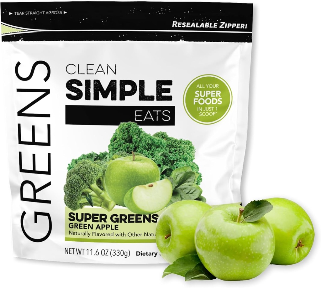 Clean Simple Eats Super Green Powder, Naturlig Flavored Green Powder med Chlorella, Spirulina, Superfoods & Prebiotic Fiber, Ingen kunstige ingredienser, Gluten Free, Green Apple Flavor, 30 Servere