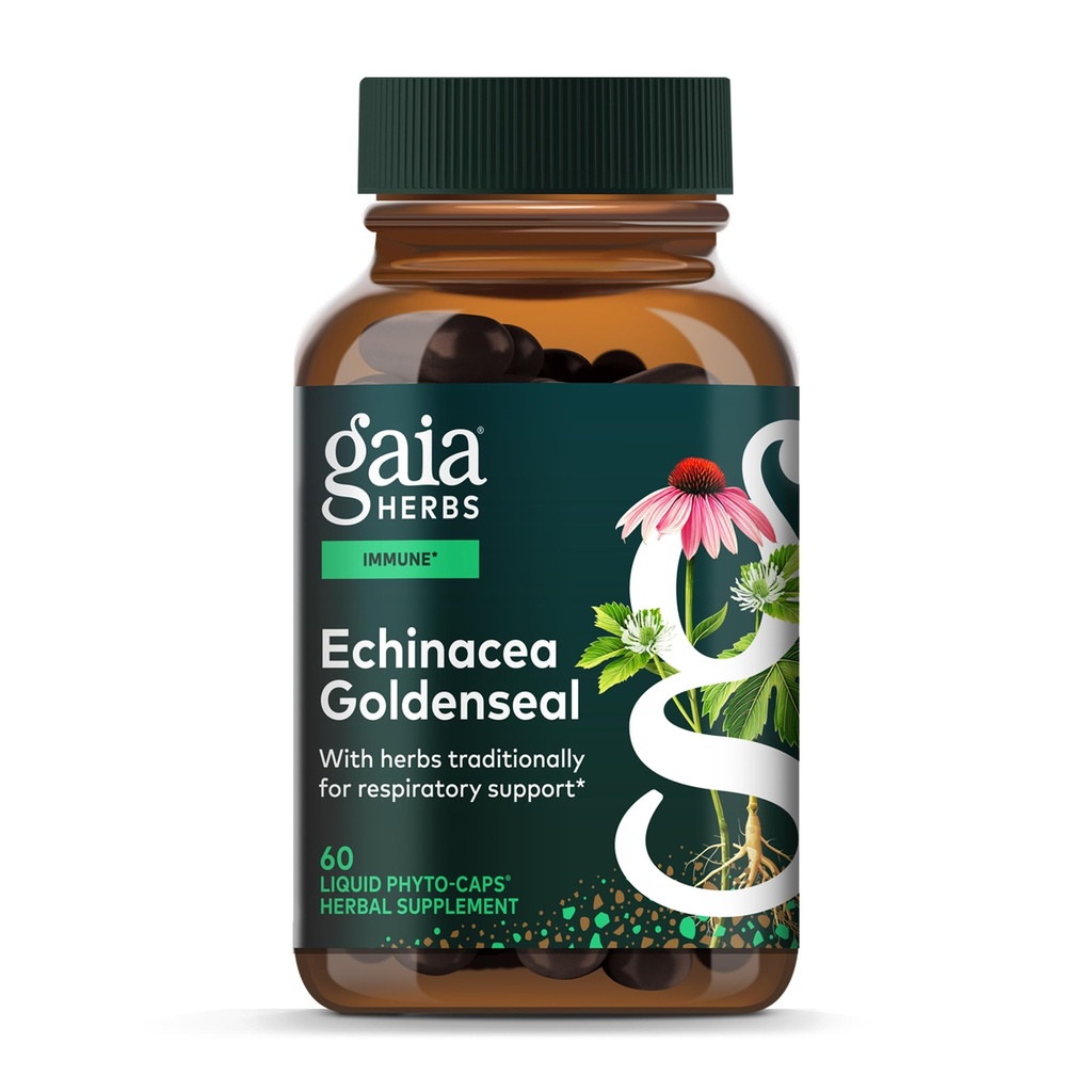 Gaia urter Echinacea Goldenseal - immunsupportsupplement til opretholdelse af et sundt luftvejssystem - med økologisk Echinacea og Goldenseal Root - 60 Vegansk flydende Phyto- kapsler (10- dages forsyning)