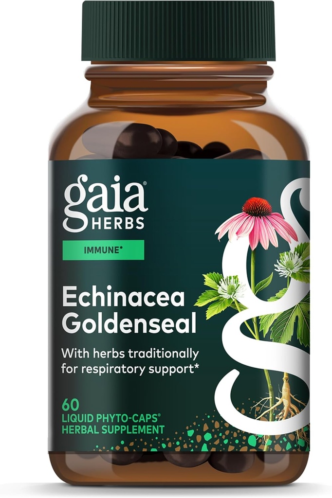 Gaia urter Echinacea Goldenseal - immunsupportsupplement til opretholdelse af et sundt luftvejssystem - med økologisk Echinacea og Goldenseal Root - 60 Vegansk flydende Phyto- kapsler (10- dages forsyning)