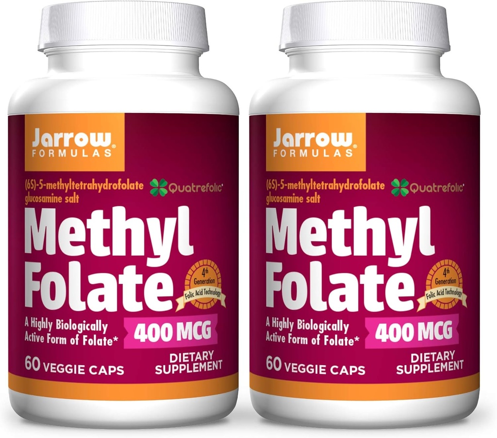 Jarrow Formulas Methyl Folate 400 mcg - 60 Veggie Caps, Pack af 2 - Højbiologisk Aktiv form for Folate - 4. Generation Folinsyre teknologi - 120 Total Servering