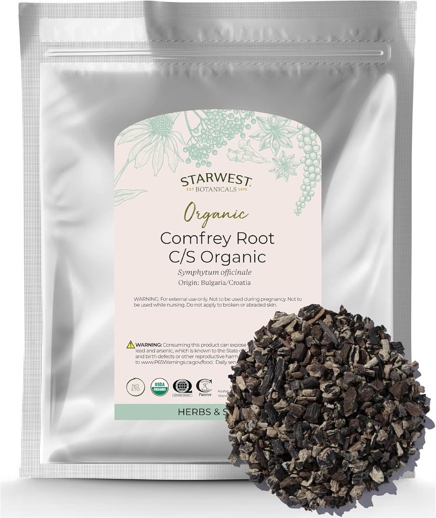 Starwest Botanicals Organic Tørret Comfrey Root - Natural Herb for topic Application, Salve eller Oil, Cut & Sigted, Certified Kosher, Non- GMO - Bulk 1 LB Bag