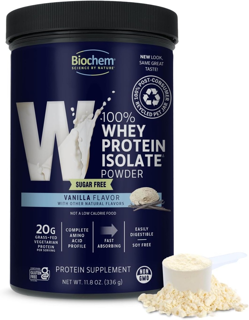 Biochem 100% Whey Sugar- Free Vanilla 20g, 11.8oz, Certified Vegetarian, Certified Gluten Free, Certified Non- GMO Tested, Keto Friendly, Grass- Fed