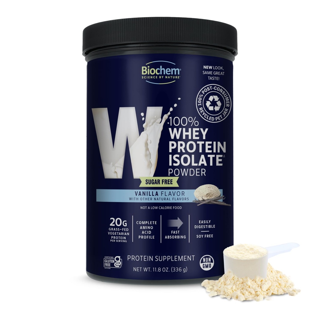 Biochem 100% Whey Sugar- Free Vanilla 20g, 11.8oz, Certified Vegetarian, Certified Gluten Free, Certified Non- GMO Tested, Keto Friendly, Grass- Fed