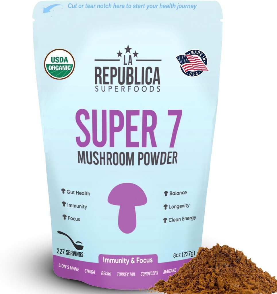 La Republica Superfood Super 7 Mushroom Extract Powder, Inkluderer Lions Mane, Reishi, Chaga, Cordyceps, Shiitake, Maitake, og Tyrkiet Tail (8 oz)