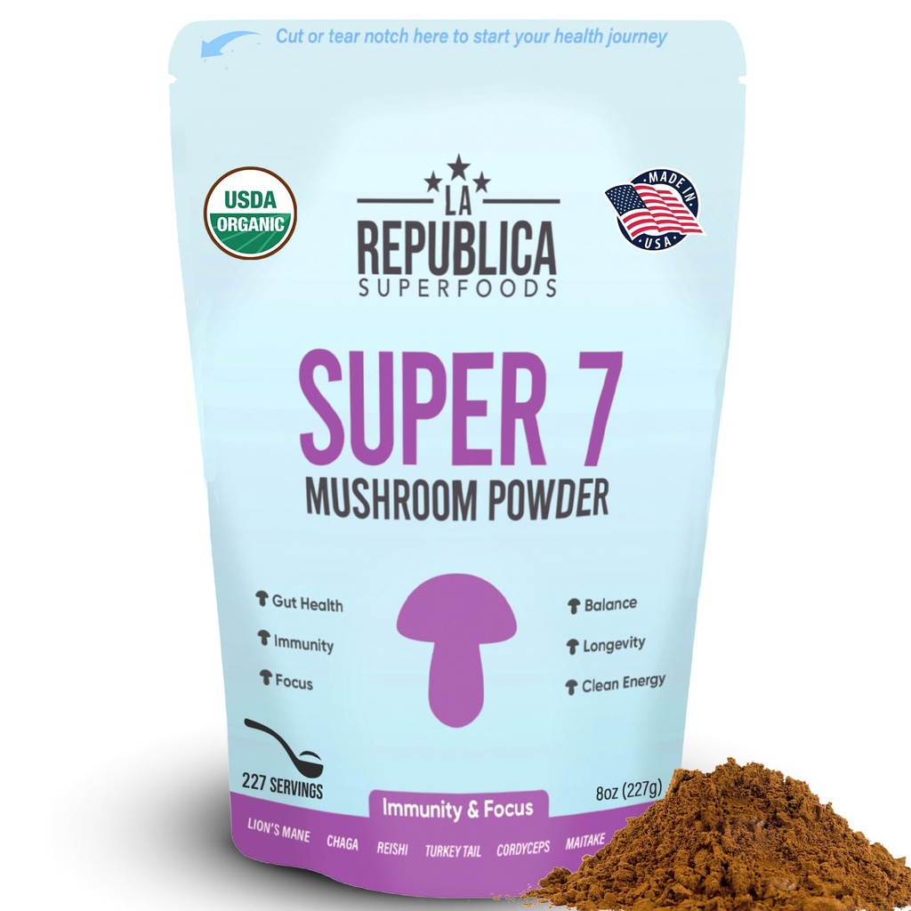 La Republica Superfood Super 7 Mushroom Extract Powder, Inkluderer Lions Mane, Reishi, Chaga, Cordyceps, Shiitake, Maitake, og Tyrkiet Tail (8 oz)