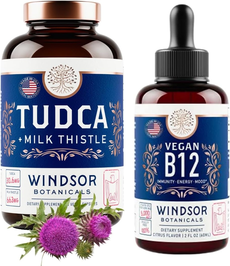 WINDSOR BOTANICALS Tudca med Silymarin Milk Thistle og Vegansk Vitamin B12 Væske - Sundhedsstøtte Bundle