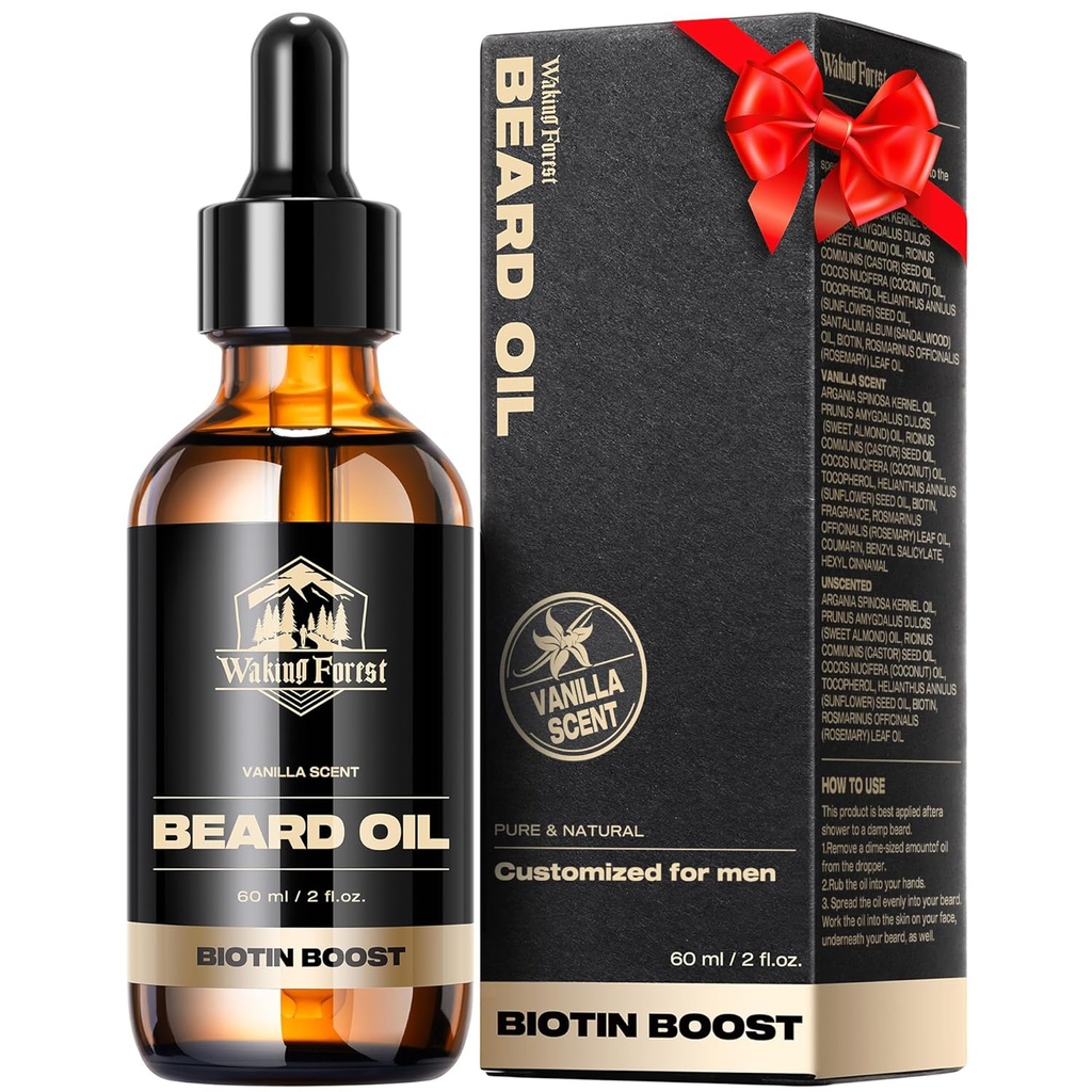 Vågner Forest Beard Oil - 60ml Vanilla Biotin Beard Oil for mænd Thicker Beard med E-vitamin, Rosemary, Castor Mustache Oil for Black Men, Softens & Strontens Beard Care Oil