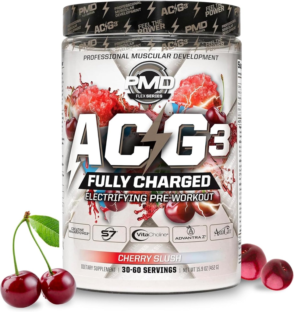 PMD Sports ACG3 fuldt opladet - elektrificering af pre workout pulver - høj energi & pumpe pre workout for mænd og kvinder til at maksimere fokus, udholdenhed & ydeevne - Cherry Slush (30-60 Serveringer)