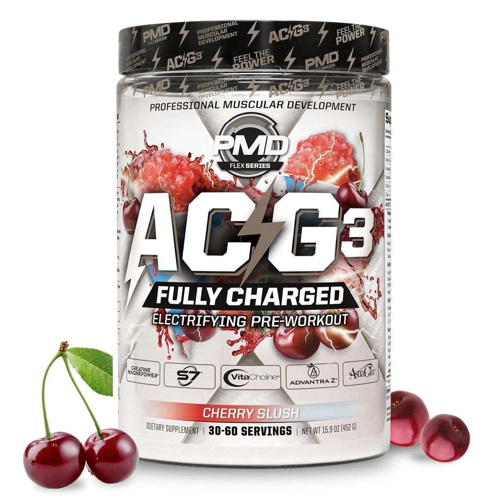 PMD Sports ACG3 fuldt opladet - elektrificering af pre workout pulver - høj energi & pumpe pre workout for mænd og kvinder til at maksimere fokus, udholdenhed & ydeevne - Cherry Slush (30-60 Serveringer)