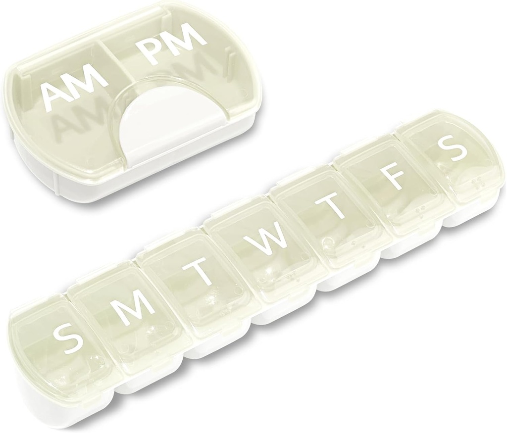 2 Pack (Weekly & Daily), 2 gange om dagen (AM / PM) + 7-Day Pill Organizer, Vitamin Planner, Stor kapacitet Pill Box sæt, Rejsepille sag for Medicin / Vitamin / Fiskeolier / Kosttilskud, Hvid