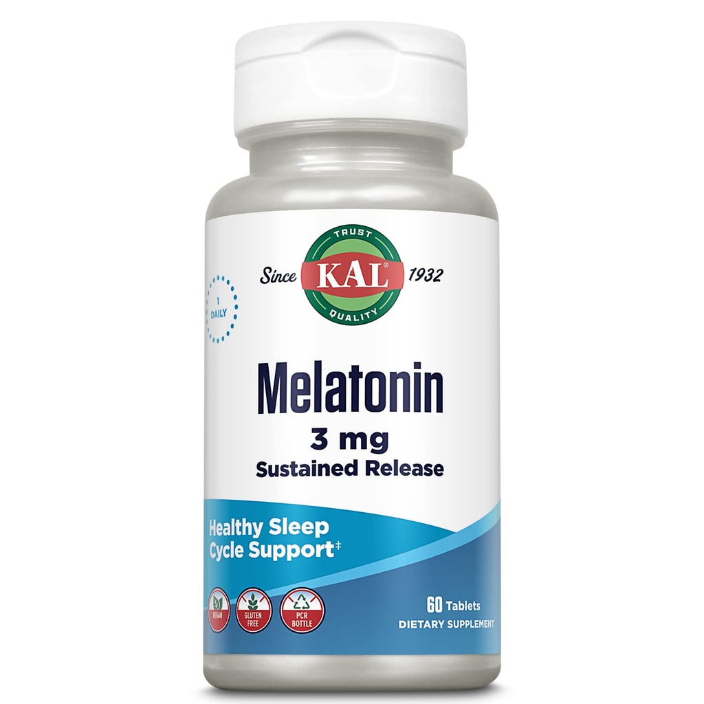 KAL Melatonin 3 mg Sustained Release Sleep Aid, Melatonin Supplement understøtter sund afslapning, en rolig følelse og en korrekt søvn cyklus, w / Tilføjet vitamin B6, Vegan, Gluten Free 60 Serv, 60 tabletter