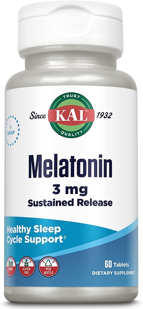 KAL Melatonin 3 mg Sustained Release Sleep Aid, Melatonin Supplement understøtter sund afslapning, en rolig følelse og en korrekt søvn cyklus, w / Tilføjet vitamin B6, Vegan, Gluten Free 60 Serv, 60 tabletter
