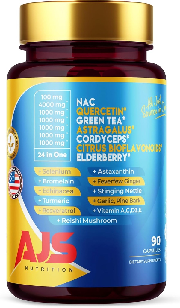 AJS Quercetin 4000mg med Nac Green Tea Cordycepscitrus Elderberry Selenium Bromelain Echinacea Gurkemeje Resveratrol Astaxanthin Fevermonly Ginger Reishi Mushroom 90 Caps 20 in 1