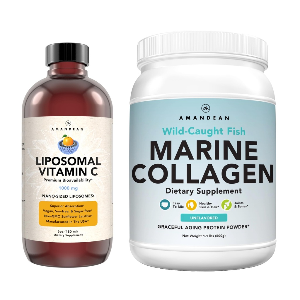 Marine Collagen Powder + C-vitamin - perfekt hud fra Inside Combo. Wild-fanget torsk fisk peptider, Liposomal VIT C Liquid 1000mg. Boost produktion og syntesen for sund aldring, skønhed, Wellness.