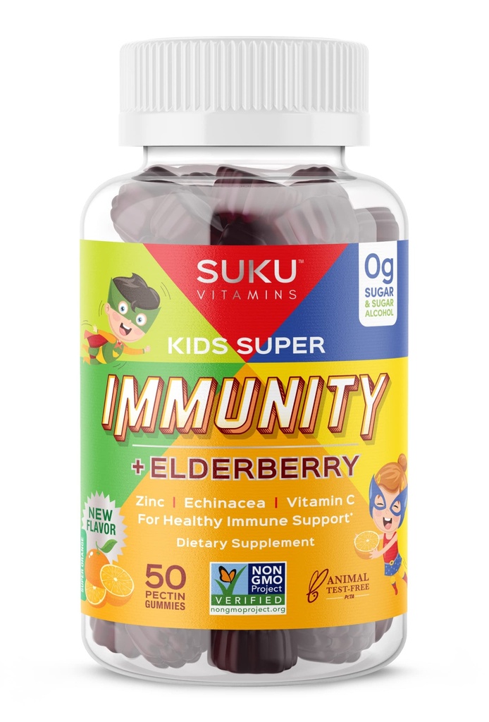 SUKU Vitaminer - Kids Super Immunity - Elderberry, Echinacea, Vitamin A og Zink Gummier til immunforsvar - Let at tygge - Ikke GMO, Gluten Sugar Free - Pomegranat Lime Gummy Vitaminer, 50 Greve