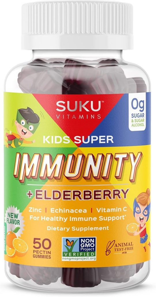 SUKU Vitaminer - Kids Super Immunity - Elderberry, Echinacea, Vitamin A og Zink Gummier til immunforsvar - Let at tygge - Ikke GMO, Gluten Sugar Free - Pomegranat Lime Gummy Vitaminer, 50 Greve