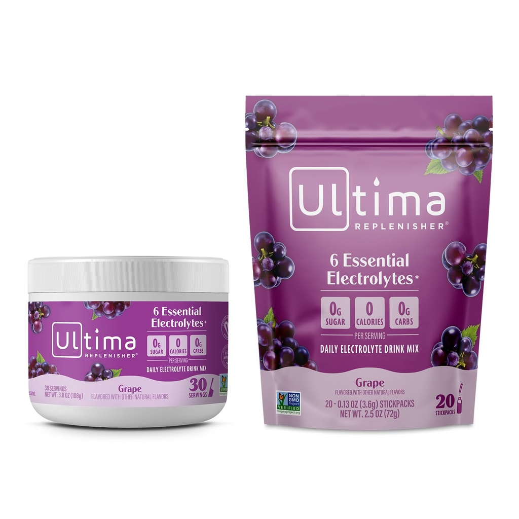 Ultima Replenisher Electrolyte Powder Drink Mix Bundle – Sugar Free – Grape, 30 Serving Canister and 20 Stickpacks – 6 Electrolytes and Minerals – Keto Friendly, Vegan, Non-GMO