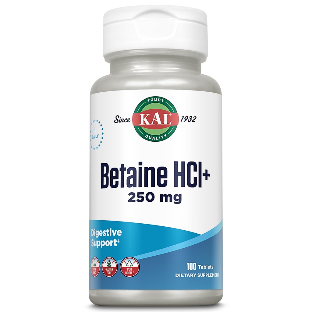 KAL betaine HCL med pepsin, fordøjelsesfremmende kosttilskud med 250 mg betaine hydroklorid plus 130mg pepsin, gluten fri, non-GMO, 60- dag garanti, hurtige desintegration tabletter, 100 Servere, 100ct
