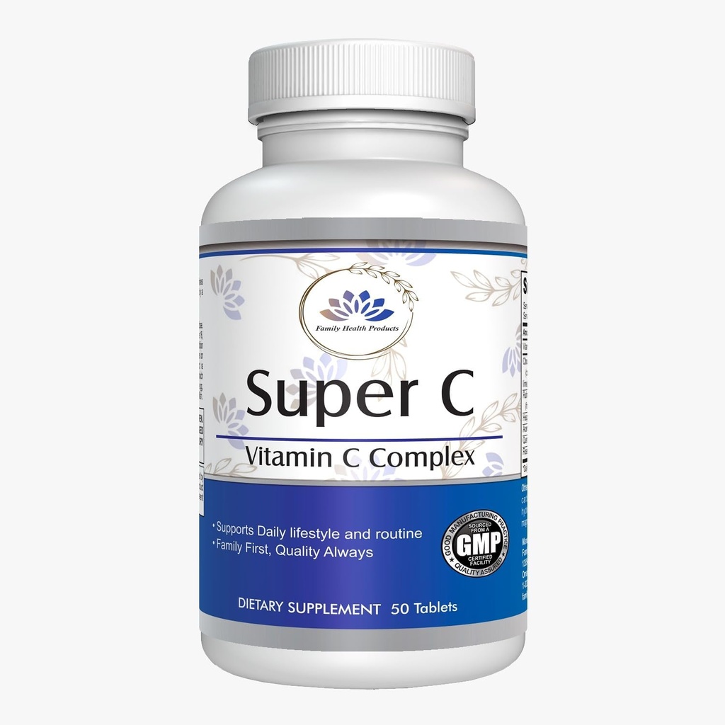 Super C vitamin C Complex - høj potens antioxidant beskyttelse for sundhed og immunforsvar med Rose HIPS - 50 tabletter, 30 dage servering, 1000 mg - GMO- fri, Vegansk formel