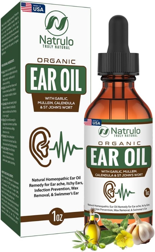 Organic Ear Oil for Ear Infektion - Natural Eardrops for Ear Pain, Swimmers Ear & Wax Removal - Børn, voksne, Baby, & Dog Earache Remedy - Ear Drops med Mullein, Hvidløg, Calendula Made in USA