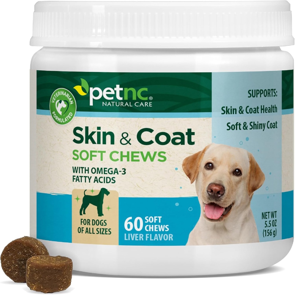 Petnc Natural Care Hund Skin and Coat Supplement (60 tyggetabletter), Med Omega 3, EPA & DHA, fremmer sund hud & Glossy Coat, For hunde 18 uger & ældre, lever flavor