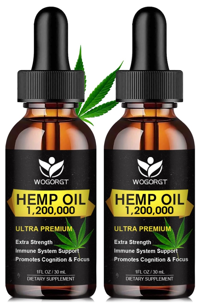 (2 Pack) Økologisk Hamp Oil - 100% Natural Hamp Oil Extract, Calming, Sleep, Afslapning, Immunstøtte, Rig i Omega 3, 6, 9 Fedtsyrer, Vegan - 30ml