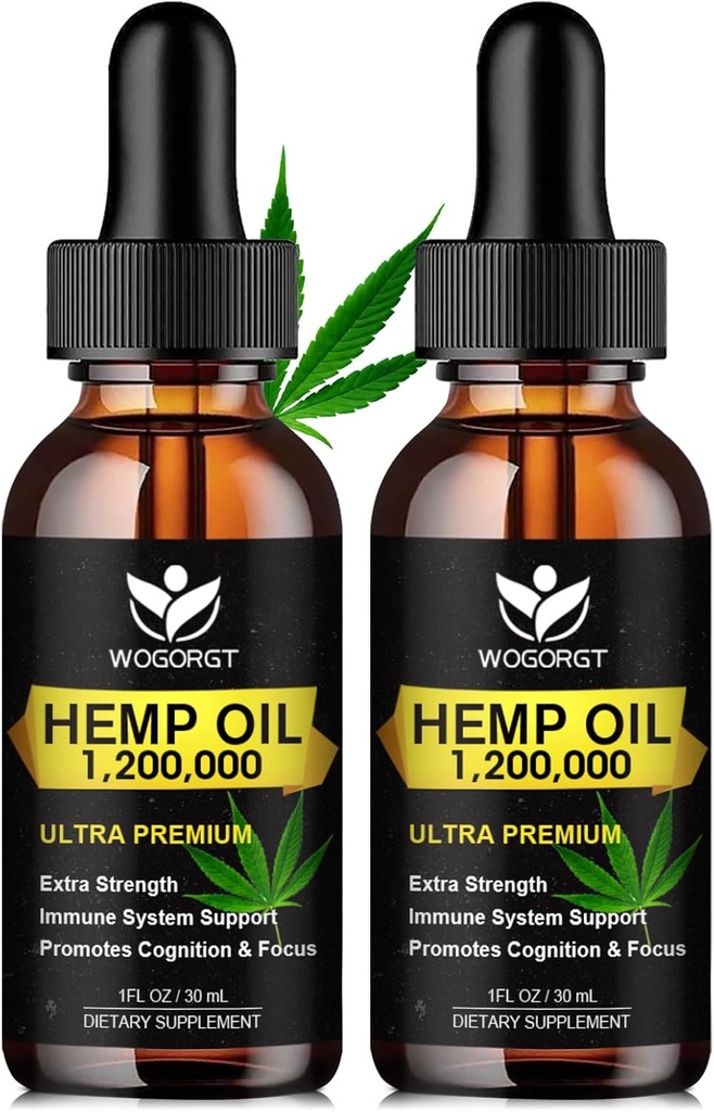 (2 Pack) Økologisk Hamp Oil - 100% Natural Hamp Oil Extract, Calming, Sleep, Afslapning, Immunstøtte, Rig i Omega 3, 6, 9 Fedtsyrer, Vegan - 30ml