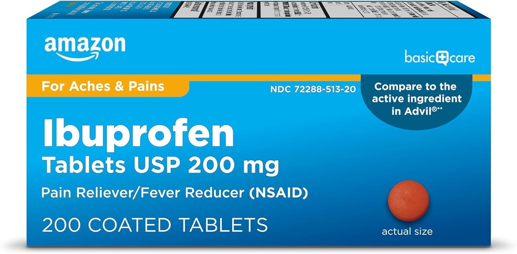 Grundlæggende pleje Ibuprofen tabletter, Feber Reducer og smertelindring fra Body Aches, Hovedpine, Gigt og mere, Brown, 200 Greve (Emballage kan variere)