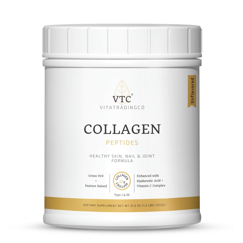 VTC VitaTradingCo. Grass- Fed Collagen Peptider Powder # 124; Type I & III # 124; Hyaluronsyre & C-vitamin # 124; Sund hår, hud & joints # 124; Non- GMO, Paleo, Keto # 124; 30 Servering (Unflavored)