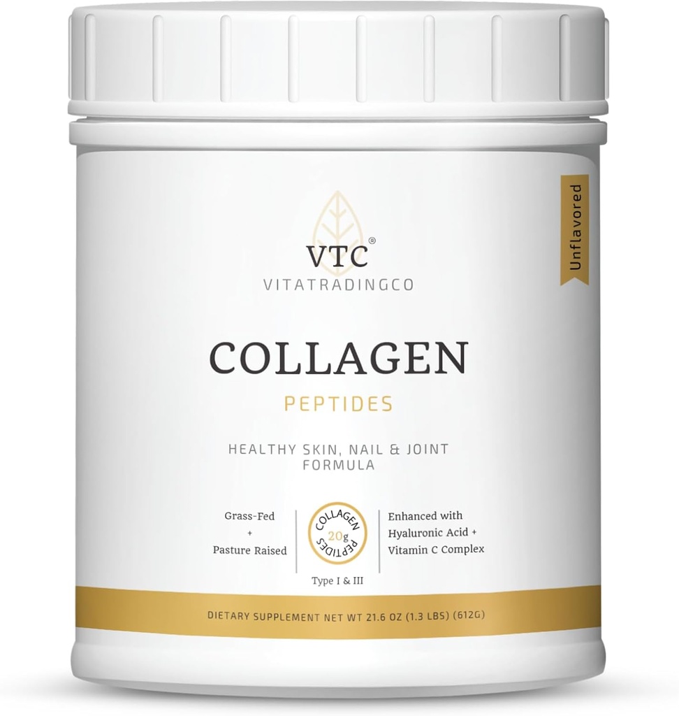 VTC VitaTradingCo. Grass-Fed Collagen Peptides Powder | Type I & III | Hyaluronic Acid & Vitamin C | Healthy Hair, Skin & Joints | Non-GMO, Paleo, Keto | 30 Servings (Unflavored)