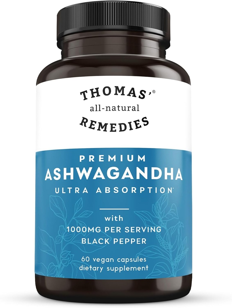 Thomas 'all- naturlige retsmidler Organic Ashwagandha Stress Support, Mood & Energy Support, Pure Ashwagandha 1000mg, Ultra Absorption med sort peber, Vegan, Ingen fyldstoffer