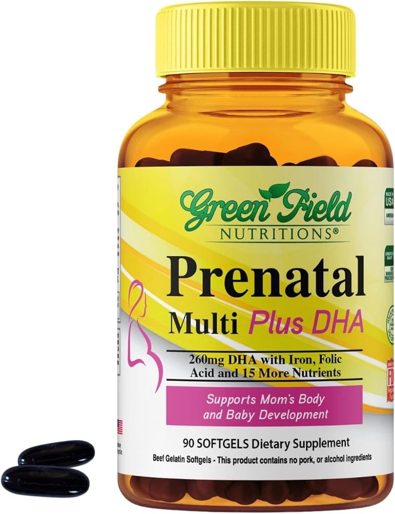 Greenfield Nutritions Halal Prenatal Vitaminer med DHA og folinsyre - Essential Prenatal Graviditet Multivitamin med jern - Indeholder 17 vitaminer til mor at være - Let at synke 90 flydende bløddele
