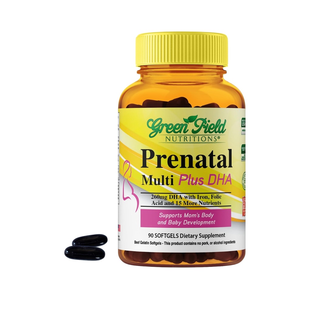 Greenfield Nutritions Halal Prenatal Vitaminer med DHA og folinsyre - Essential Prenatal Graviditet Multivitamin med jern - Indeholder 17 vitaminer til mor at være - Let at synke 90 flydende bløddele