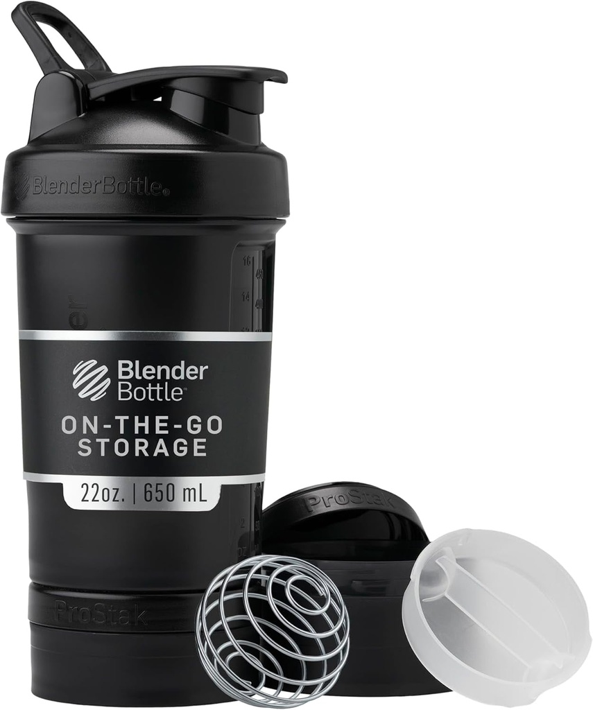 BlenderBottle Shaker Flaske med pille Organizer og opbevaring for protein pulver, Classic V2 ProStak System, 22-Ounce, Midnight Black