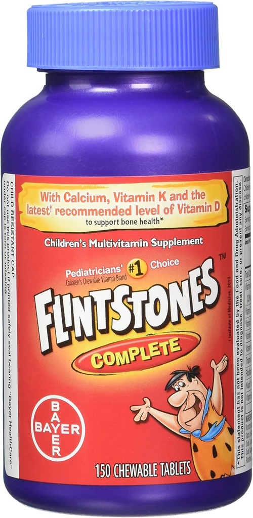 Flintstones Chewable Kids Vitaminer, Komplet Multivitamin til børn og Toddlers med jern, Calcium, C-vitamin, D-vitamin & mere, 300ct (pakke med 2 150 Count Flasker)