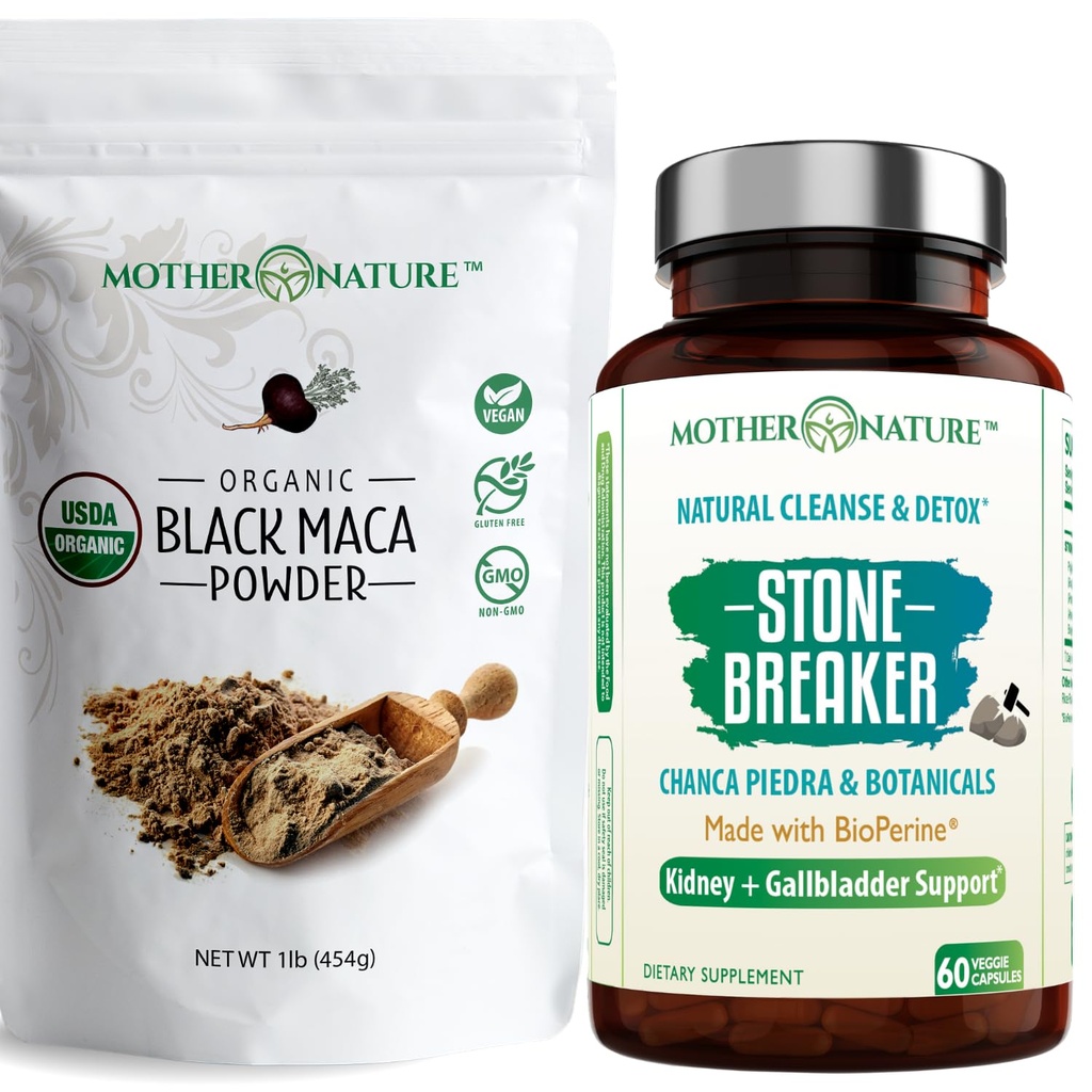 Organic Black Maca Root Powder + Chanca Piedra Stone Breaker Capsules