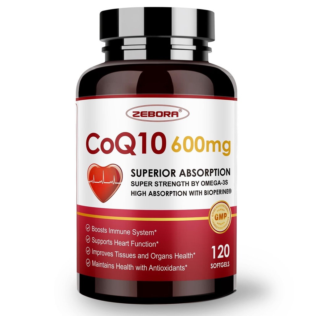 ZEBORA CoQ10- 600mg- Softgels - Extra Strength Coenzym Q10 med PQQ, Omega-3 & BioPerine - Høj Absorption CoQ10 Kosttilskud Antioxidant (Ubiquinon) til Heart Health & Energy Production, 120 Softggels