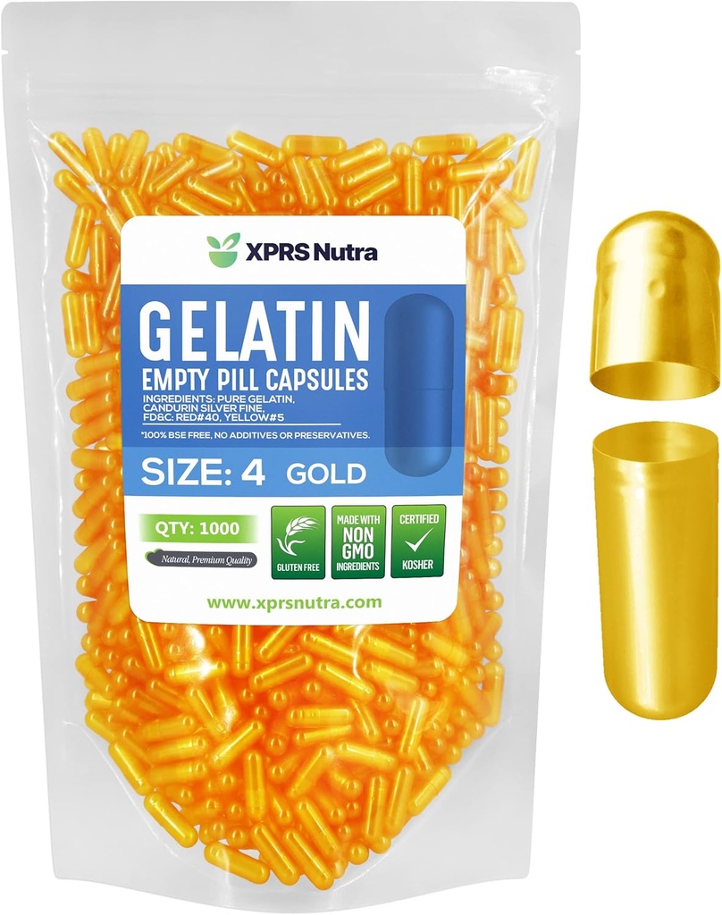 XPRS Nutra Størrelse 4 Tomme kapsler - 1000 Tomme Tomme Gelatine kapsler - Piller selv Kapsel Fyldning - Fyldelig Pure Bovin Pill Gel Caps til Do- It- Yourself Kosttilskud (Guld)