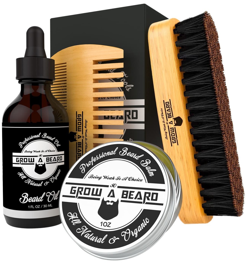 Beard Brush, Beard Comb, Beard Oil, & Beard Balm Grooming Kit til mænd pleje, Rejser Ansigtssæt til vækst, Styling, Shine & Softness, Store gaver til ham