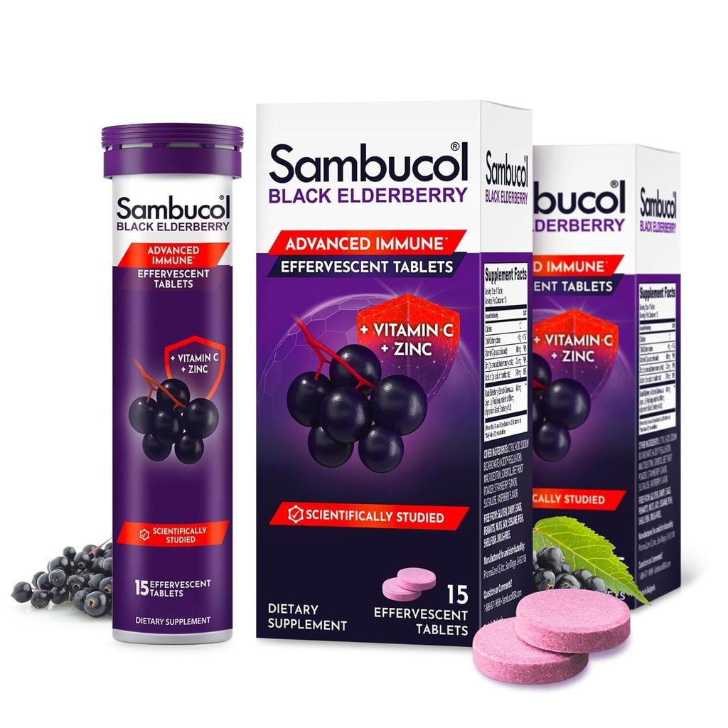 Sambucol Black Elderberry Tablets with Vitamin C & Zink - Immunsupport, Sort Elderberry with Zink and Vitamin C Effervescent Tablets, High Antioxidants, Drink Fizzies- 30 Greve
